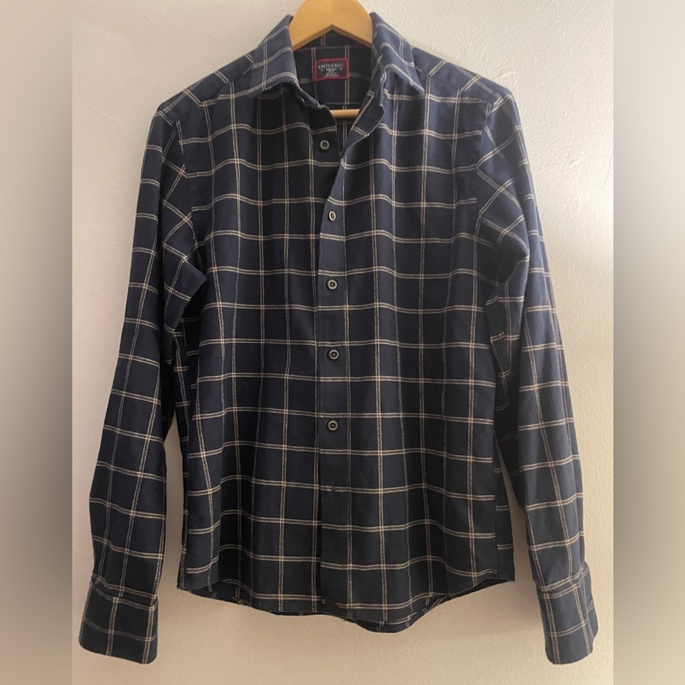 NWOT Untuckit Mens Appellati Flannel Shirt Medium Slim Fit Blue Windowpane Plaid